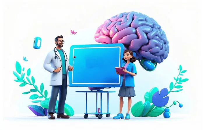 Doctor and Nurse Discuss About the Brain Head Together 3D Character Illustration